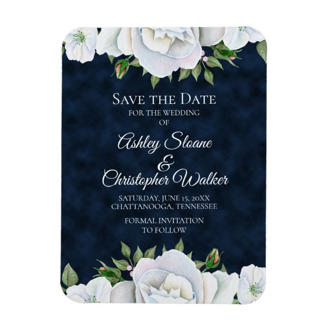 Navy Blue White Floral Wedding Save the Date Magnet (Vertical)