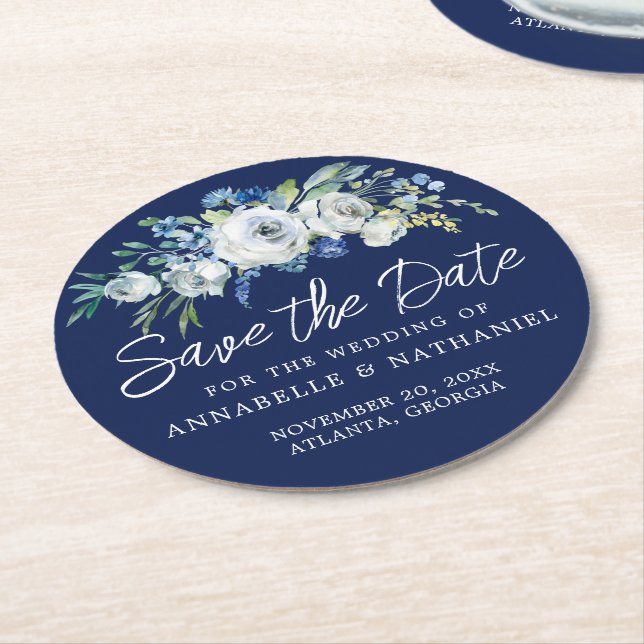 Navy Blue White Floral Winter Save the Date Round Paper Coaster (Angled)