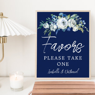 Navy Blue White Floral Winter Wedding Favors Poster