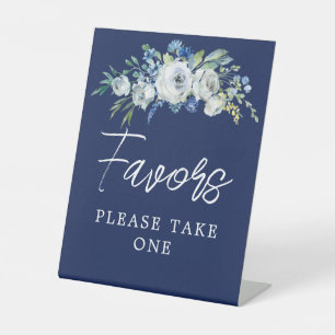 Navy Blue White Floral Winter Wedding Favours Pedestal Sign