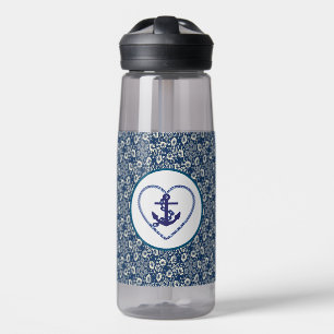 Navy Blue /  White Floral With Anchor Water Bottle