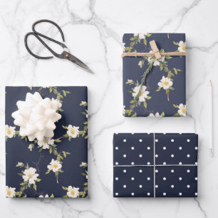 Navy Blue White Floral Wrapping Paper Sheet