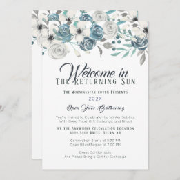 Navy Blue & White Floral Yule Winter Solstice Invitation