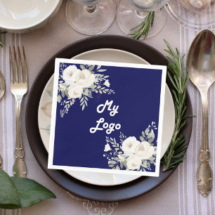 Navy blue white florals business logo napkin