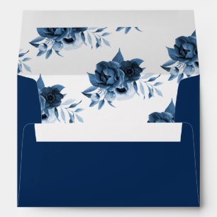Navy blue white florals flowers wedding envelope