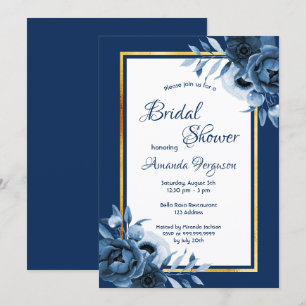 Navy blue white florals gold Bridal Shower Invitation