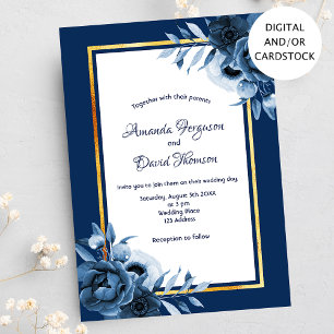 Navy blue white florals gold wedding invitation