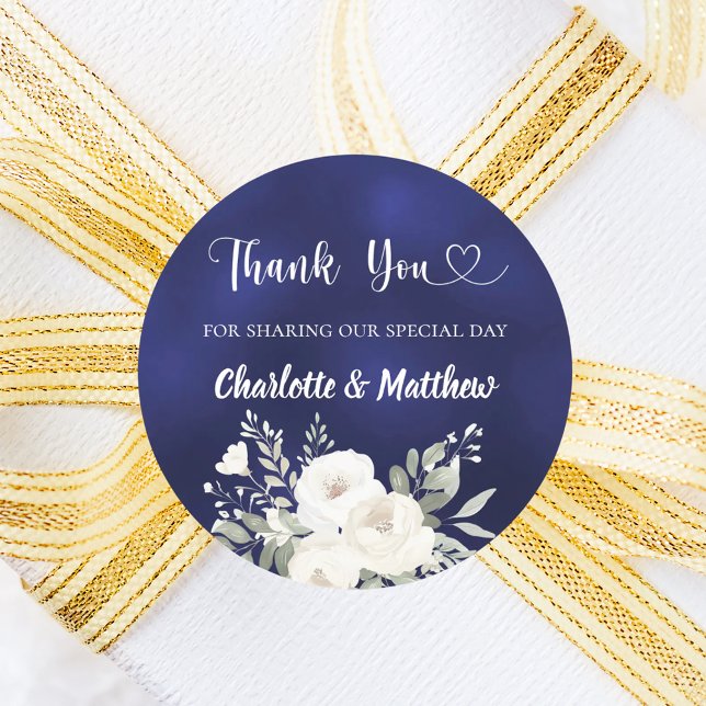 Navy blue white florals heart thank you wedding classic round sticker (Creator Uploaded)
