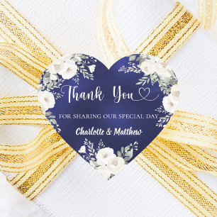 Navy blue white florals heart thank you wedding heart sticker