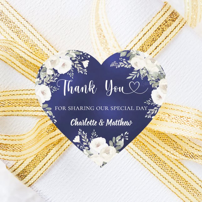 Navy blue white florals heart thank you wedding sticker (Creator Uploaded)