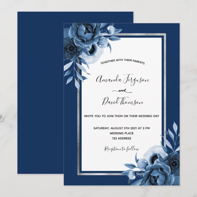 Navy blue white florals silver chic wedding invitation (Front/Back)