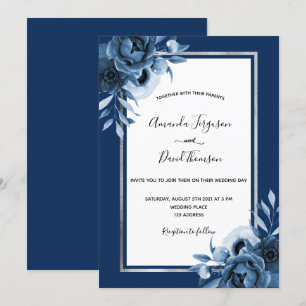 Navy blue white florals silver chic wedding invitation