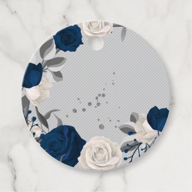 navy blue & white flowers botanical favour tag (Front)