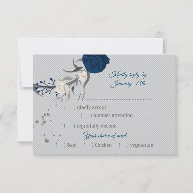 navy blue & white flowers botanical meal choice RSVP card (Front)