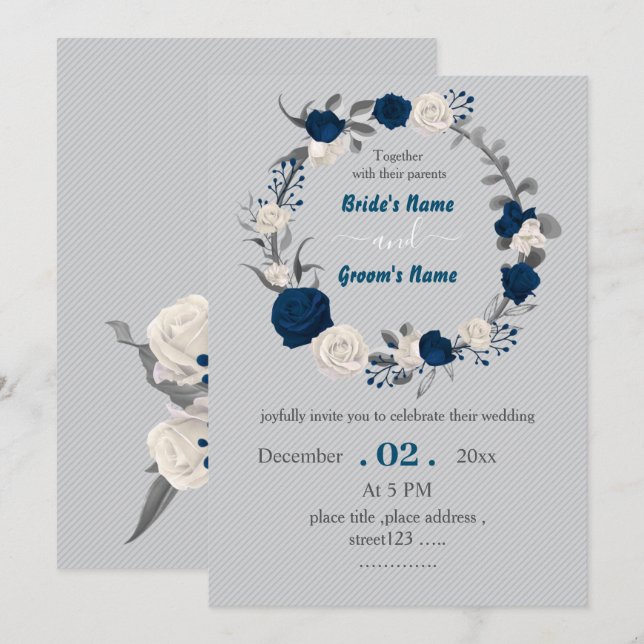 navy blue & white flowers botanical wreath wedding invitation (Front/Back)