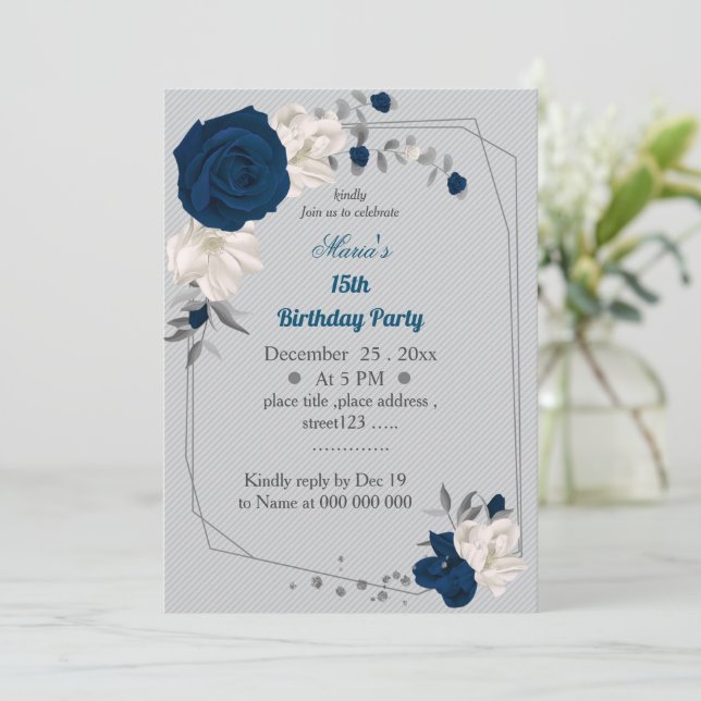 navy blue & white flowers geometric birthday invitation (Standing Front)