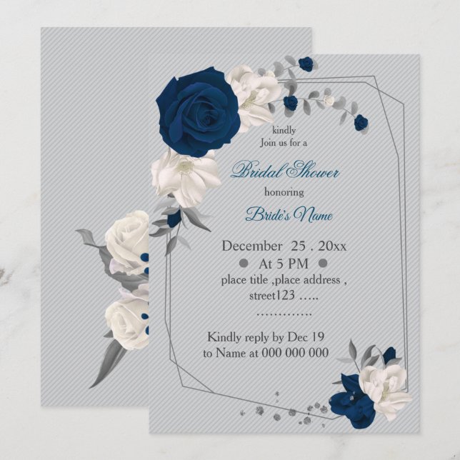 navy blue & white flowers geometric bridal shower invitation (Front/Back)