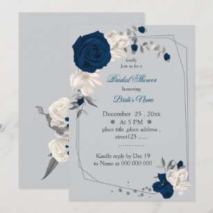 navy blue & white flowers geometric bridal shower invitation