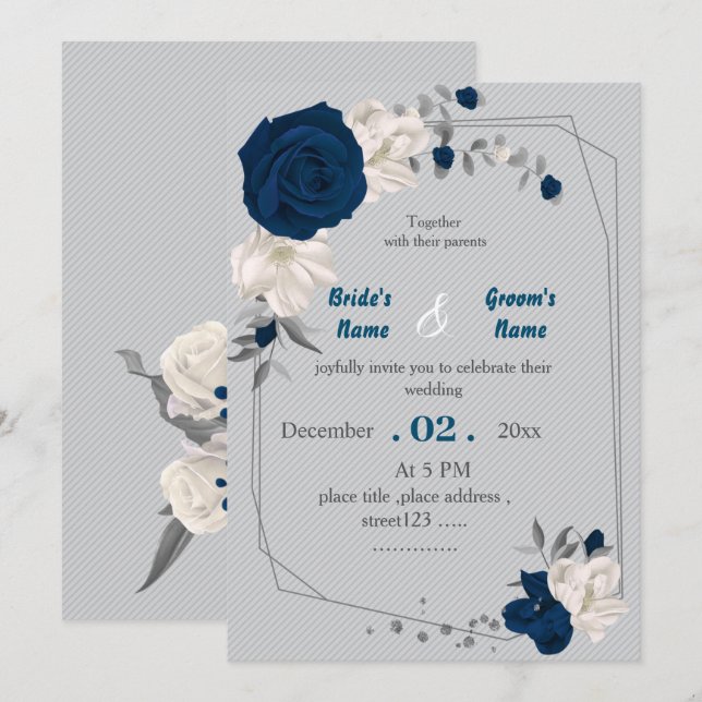 navy blue & white flowers geometric wedding invitation (Front/Back)