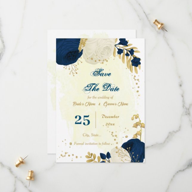 navy blue & white flowers gold botanical save the date (Front/Back In Situ)