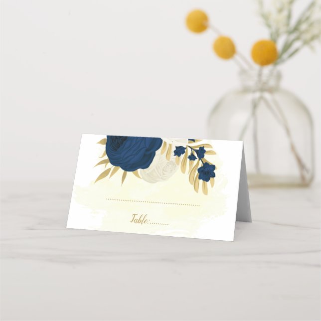navy blue & white flowers gold botanical wedding  place card (Front)