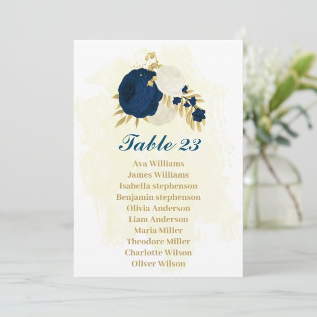 navy blue & white flowers gold seating chart card (Standing Front)