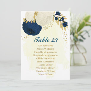 navy blue & white flowers gold seating chart card