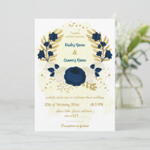 navy blue & white flowers gold wedding invitation
