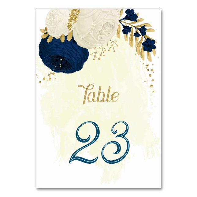 navy blue & white flowers gold wedding table numbe table number (Front)