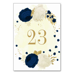 navy blue & white flowers gold wedding table number