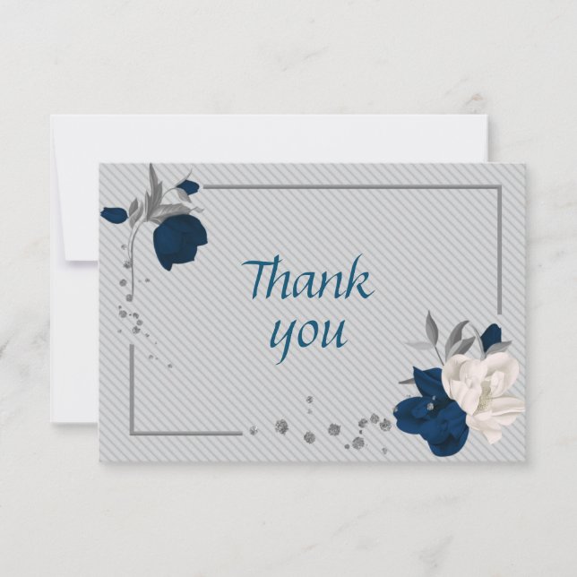 navy blue & white flowers grey leaves botanical thank you card (Front)
