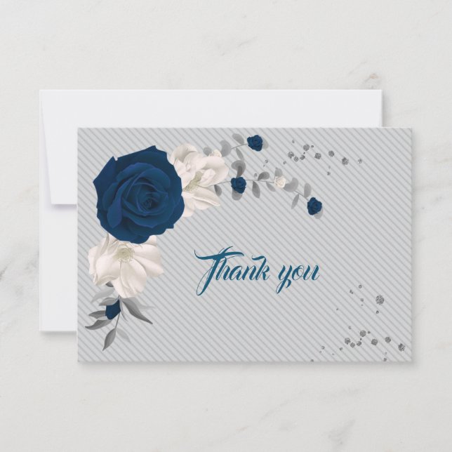 navy blue & white flowers grey leaves thank you card (Front)