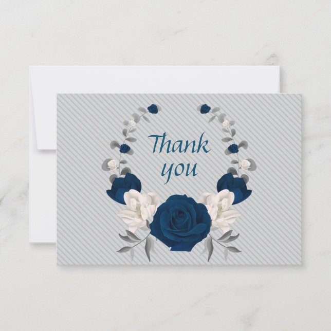 navy blue & white flowers grey leaves wreath thank you card (Front)