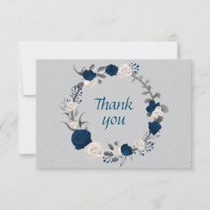 navy blue & white flowers grey leaves wreath thank you card