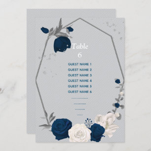 navy blue white flowers seating chart table number