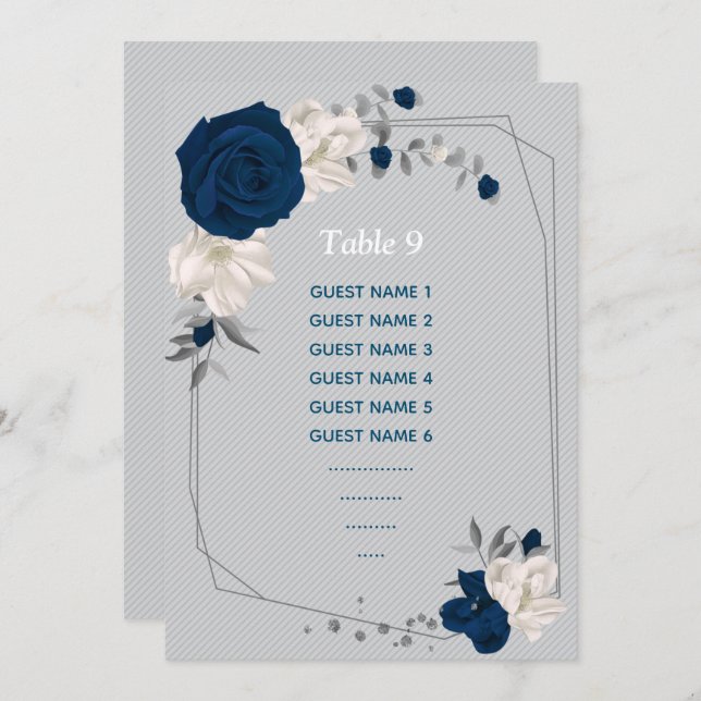 navy blue white flowers seating chart table number (Front/Back)