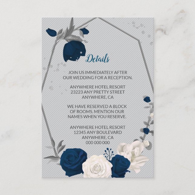 navy blue & white flowers silver geometric details enclosure card (Front)