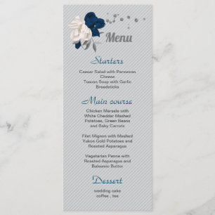 navy blue white flowers silver leaves wedding menu