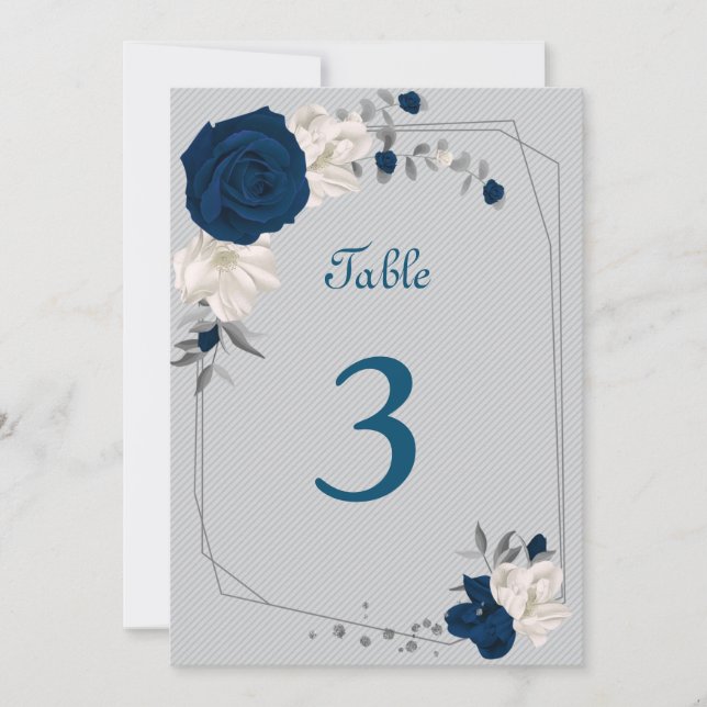 navy blue & white flowers table number (Front)