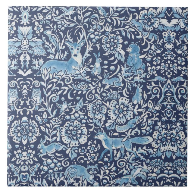 Navy Blue & White Forest Animals Fox Rabbit Floral Tile (Front)