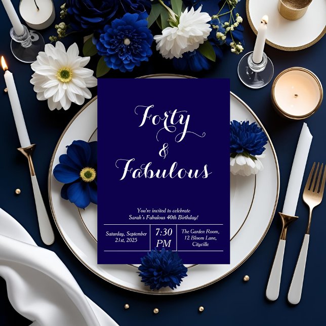 Navy Blue & White “Forty & Fabulous” 40th Birthday Invitation (Creator Uploaded)