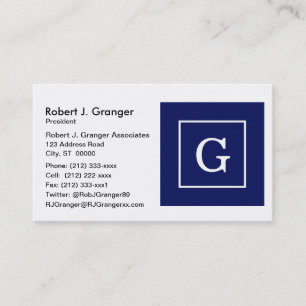 Navy Blue White Framed Initial Monogram Business Card