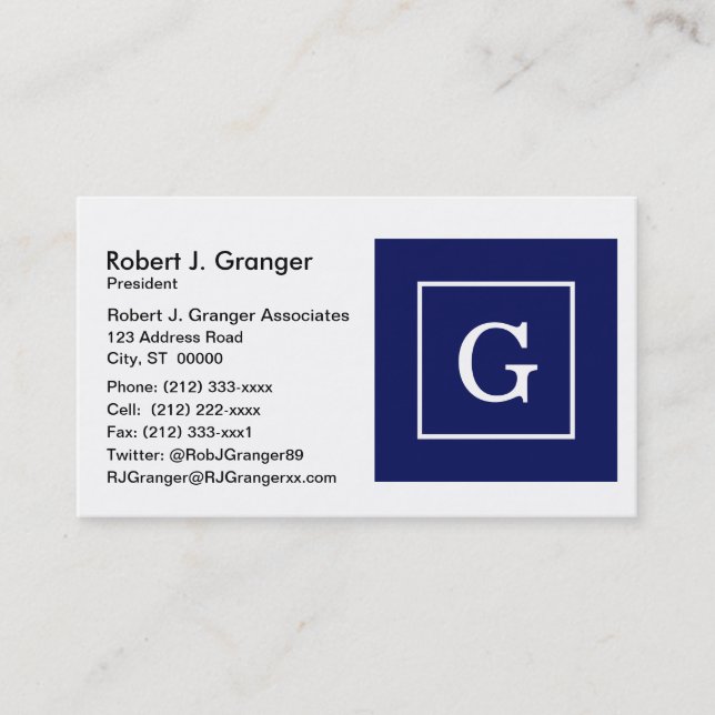 Navy Blue White Framed Initial Monogram Business Card (Front)