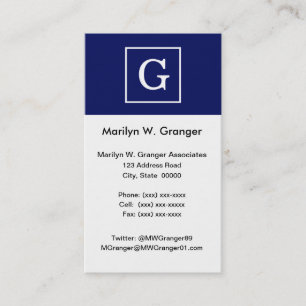 Navy Blue White Framed Initial Monogram Business Card