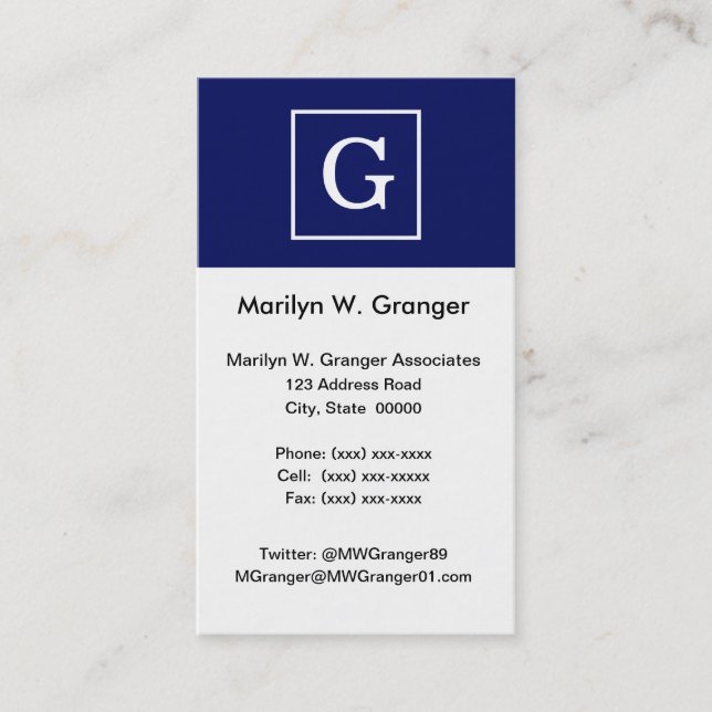 Navy Blue White Framed Initial Monogram Business Card (Front)