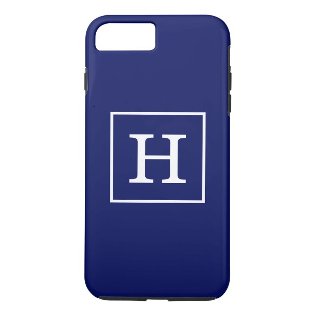 Navy Blue White Framed Initial Monogram Case-Mate iPhone Case (Back)