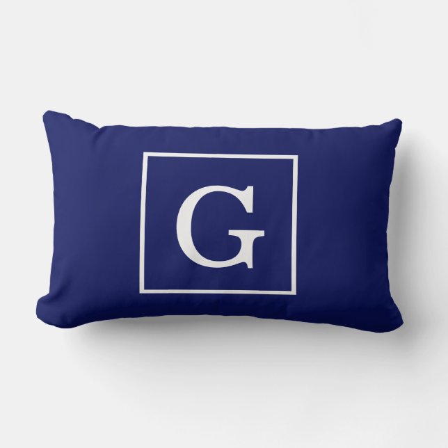 Navy Blue White Framed Initial Monogram Lumbar Cushion (Front)