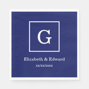 Navy Blue White Framed Initial Monogram Napkin