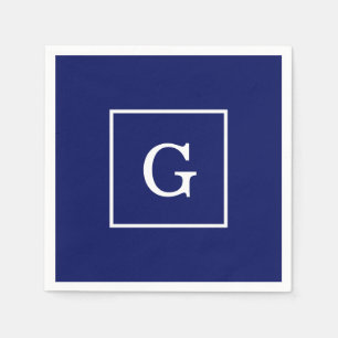 Navy Blue White Framed Initial Monogram Napkin