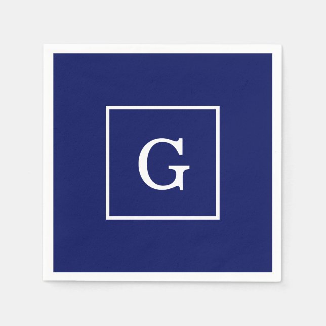Navy Blue White Framed Initial Monogram Napkin (Front)